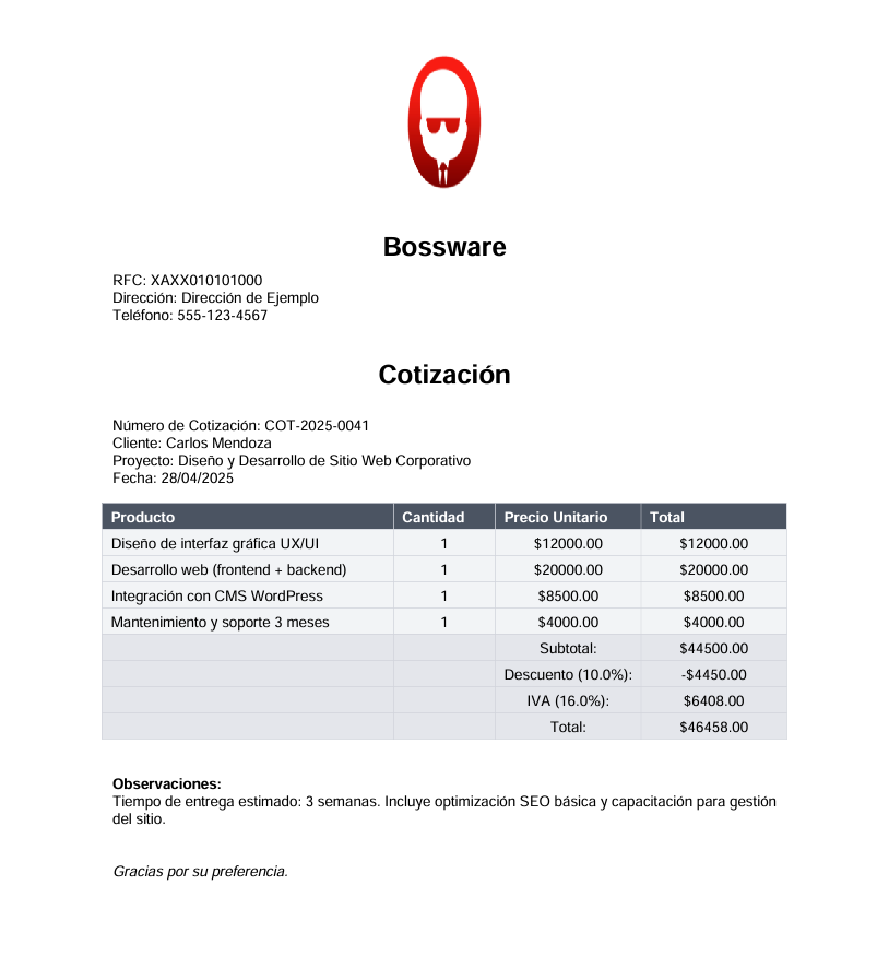 Ejemplo Cotización